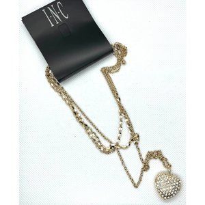 INC International Concepts Crystal Puffy Heart 3 Strand Layer Gold Tone Necklace